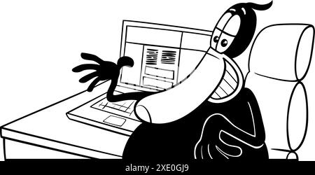 Illustration de dessin animé du personnage drôle d'animal de canard noir avec ordinateur portable derrière la page de coloriage de bureau Illustration de Vecteur