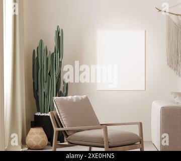 Maquette de cadre de toile en arrière-plan intérieur boho avec cactus, illustration de rendu 3D. Banque D'Images