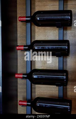 bouteilles de vin rouge non étiquetées sur une étagère verticale en fer dans une cave Banque D'Images