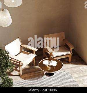 Maquette de maison, pièce blanche avec mobilier en bois naturel, style scandinave, rendu 3D. Banque D'Images