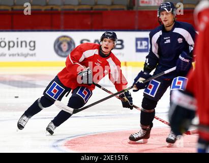 De gauche à droite : Gustav Forsling, club de hockey de Linköping, LHC, Linköping, Suède, lors d'une séance d'entraînement dans l'aréna Saab. À droite : Magnus mange Johansson. Banque D'Images