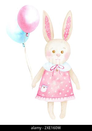 Lapin mignon avec des ballons, jouet pour enfants. L'illustration de l'aquarelle est dessinée à la main. Convient pour les textiles, papier de rebut, papier peint, papier d'emballage, cartes, Banque D'Images