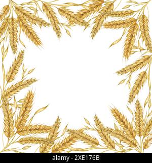 Cadre carré d'épis de blé. Conception d'aquarelle de tiges d'orge pour emballage de pain, marque de boulangerie. Clipart rustique pour les invitations de mariage de grange, festival de moisson d'automne, Thanksgiving, célébration de Shavuot Banque D'Images