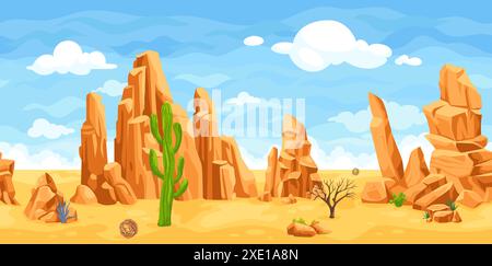 Paysage désertique sans couture. Dessin animé WESTERN 2d niveau de jeu parallaxe lointain fond, sol orange sec de sable et ciel comique sauvage ouest mexique paysage aride, illustration vectorielle ingénieuse Illustration de Vecteur
