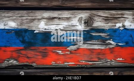 Mur de grange coloré de drapeau russe, vieille peinture écaillée sur la surface de bois pourri, image générée par un réseau neuronal Banque D'Images