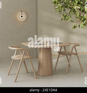 Table et chaises en bois dans un restaurant moderne, rendu 3D. Banque D'Images
