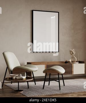 Grand cadre blanc d'image d'affiche dans l'intérieur de la maison moderne, coin lecture, tons beige, fauteuil et meubles de conception moderne, tendance 3D. Banque D'Images