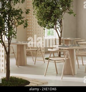 Café-bar restaurant, rendu 3D. Intérieur de restaurant vide jour avec tables et chaises en bois, plante d'arbre à l'intérieur, style naturel Banque D'Images