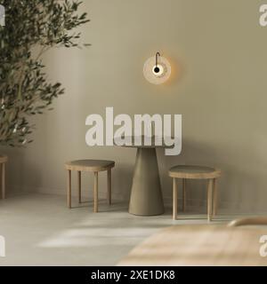 Intérieur de café moderne avec table basse et chaises en bois, rendu 3D. Banque D'Images