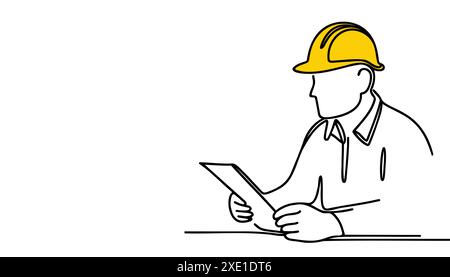 Dessin au trait continu d'un jeune homme architecte-ingénieur assis à un bureau et écrivant une note d'affaires sur papier dans une tablette portant un casque de sécurité. Illustration de Vecteur