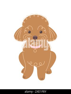 Chiot caniche bouclé et souriant mignon. Doodle personnage dessiné à la main. Animal de compagnie adorable dans le style de bande dessinée linéaire. Illustration de contour modifiable Illustration de Vecteur