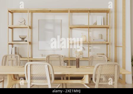 Intérieur de la chambre avec grande table à manger en bois et chaises, placard avec étagères et décor, maquette de cadre d'affiche, rendu 3D. Banque D'Images