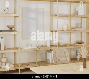 Intérieur de la chambre avec placard et décoration, maquette de cadre poster, table à manger et chaise, rendu 3D. Banque D'Images