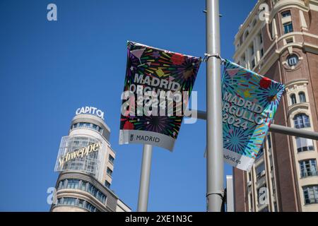 Madrid, Espagne. 25 juin 2024. Affiches installées par la Mairie de Madrid à l’occasion des festivités de la fierté qui seront célébrées dans la capitale espagnole dans les prochains jours. Crédit : Mr. Canales Carvajal/Alamy Live News Banque D'Images