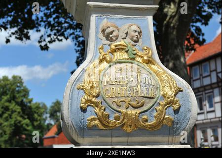 Madone baroque dans la statue de clôture de tilleul à Duderstadt Banque D'Images