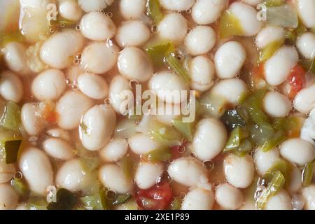 Vue aérienne des haricots blancs ronds espagnols (Pochas) avec des poivrons verts fraîchement coupés en dés, de succulentes courgettes, des tomates mûres, des oignons, de l'ail, et une bruine Banque D'Images