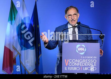 Roma, Italie. 25 juin 2024. Il presidente del Senato Ignazio la Russa in occasione del 5 congresso confederale UGL, a Roma, Marted&#xec; 25 Giugno 2024 (foto Mauro Scrobogna/LaPresse) Président du Sénat Ignazio la Russa à l'occasion du 5e congrès confédéral de l'UGL, à Rome, mardi 25 2024 juin (photo Mauro Scrobogna/LaPresse) crédit : LaPresse/Alamy Live News Banque D'Images