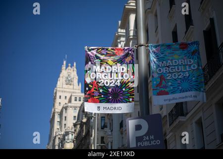 Madrid, Espagne. 25 juin 2024. Vue des affiches installées par la Mairie de Madrid à l’occasion des festivités de la fierté qui seront célébrées dans la capitale espagnole dans les prochains jours. Crédit : SOPA images Limited/Alamy Live News Banque D'Images