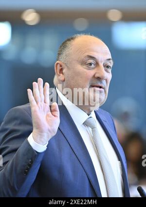 Namur, Belgique. 25 juin 2024. M. Willy Borsus prête serment lors de la première session plénière du parlement wallon à Namur, après les élections du 9 juin, mardi 25 juin 2024. BELGA PHOTO JOHN THYS crédit : Belga News Agency/Alamy Live News Banque D'Images
