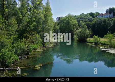 La rivière bleue à Blaustein-Herrlingen ; Souabe Alb, Allemagne; Banque D'Images