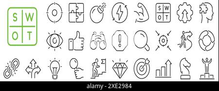 Analyse SWOT des forces, des opportunités, des faiblesses et des menaces icônes de contour de contour isolé sur fond blanc illustration vectorielle plate. Illustration de Vecteur