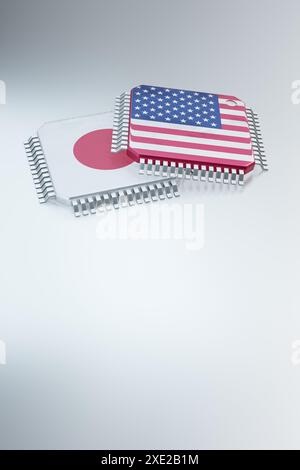 rendu 3d de micropuce ou puce semi-conductrice dans le drapeau des pays, pour l'informatique ou la chaîne d'approvisionnement de technologie. Banque D'Images