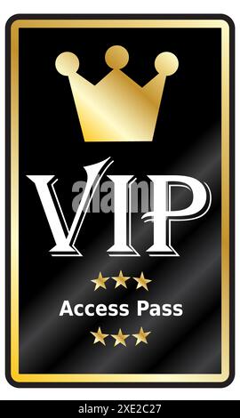 VIP Access Pass, couronne d'or et étoiles avec texte blanc sur fond dégradé noir isolé sur blanc Illustration de Vecteur