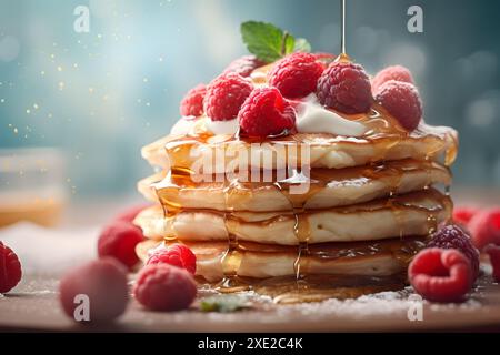 Magnifiques crêpes délicieuses au miel et aux framboises sous la lumière du jour dans le style nordique, réseau neuronal généré photoréaliste i Banque D'Images