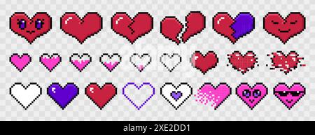 Ensemble de forme de coeur de pixel isolé sur fond transparent. Autocollants de jeu rétro, symboles rouges pixellisés de la vie ou icônes d'amour dans le style rétro 8 bits. Rouge, rose et bleu éléments romantiques pleins et cassés. Illustration de Vecteur