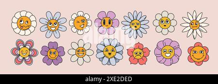 Ensemble de visage de fleurs de Marguerite groovy de vecteur. Funky Flowers personnages dans différentes émotions. Camomille fleurie colorée mignonne dans un style rétro tendance. Pack d'autocollants floraux hippie, plantes trippy avec des yeux et des pétales Illustration de Vecteur