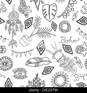 Vector Seamless Pattern avec des symboles boho comme Dreamcatcher, plume, oeil, hamsa main, plantes et fleurs, macramé, miroirs rétro, lettres BOHO Illustration de Vecteur