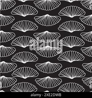 Vector Seamless modèle blanc coquilles style art déco, contours sur le fond noir. Motif océan marine. Illustration de Vecteur