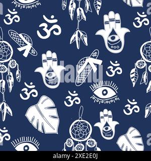 Modèle sans couture de vecteur, éléments ornementaux de style Boho, hamsa main, om, oeil, Dreamcatcher, chapeau, plume Vector illustration fond bleu Illustration de Vecteur