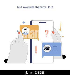 Concept de robots thérapeutiques alimentés PAR IA. Illustrer l'interaction avec l'intelligence artificielle pour le soutien en santé mentale. Humain et robot s'engageant dans la conversation. Illustration vectorielle. Illustration de Vecteur