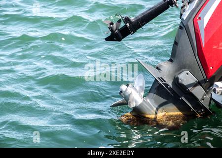 Hélice de moteur hors-bord sur bateau à moteur gros plan sur fond d'eaux de mer Banque D'Images