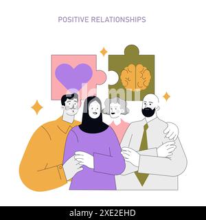 Concept de psychologie positive. Illustration montrant des relations harmonieuses entre diverses personnes avec des pièces symboliques de cœur et de cerveau. Illustration vectorielle. Illustration de Vecteur