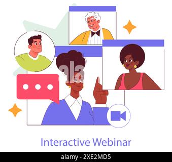 Concept de webinaire interactif. Les professionnels s'engagent dans une discussion dynamique en ligne. Connexion numérique favorisant l'apprentissage et la collaboration. Illustration vectorielle. Illustration de Vecteur