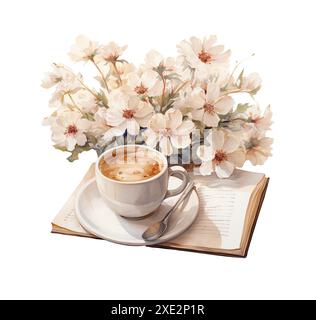 Livres et tasse de boisson chaude avec bouquet de fleurs, chaudes, couleurs pastel, illustration d'automne confortable Banque D'Images