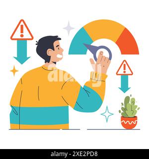 Concept de minimisation des risques. Homme ajustant un compteur pour abaisser les niveaux de danger, flanqué de panneaux d'avertissement. Prendre des précautions, prendre des mesures proactives et assurer la sécurité dans les affaires. Illustration vectorielle plate Illustration de Vecteur