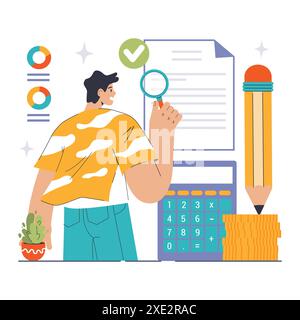 Concept d'audit externe. Homme concentré examinant un rapport détaillé, équipé d'une calculatrice et d'un crayon géant. Évaluer les documents financiers et la transparence. Illustration vectorielle plate. Illustration de Vecteur