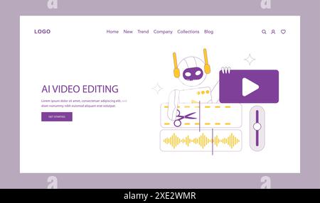 Concept d'édition vidéo AI. Illustration d'un robot avec casque éditant une vidéo, symbolisant l'automatisation dans la production vidéo. Interface d'éditeur numérique moderne. Illustration vectorielle. Illustration de Vecteur