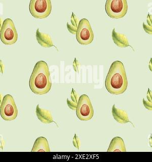 Aquarelle Seamless motif de moitiés et de feuilles d'avocat mûr sur un fond vert clair. Peut être utilisé pour les impressions textiles de cuisine, l'emballage de produits Banque D'Images