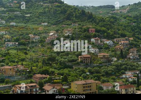 Une vue d'en haut d'une colline en Italie, avec une variété de maisons nichées au milieu de la verdure luxuriante. Banque D'Images