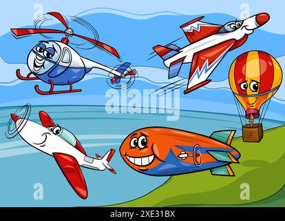 Groupe de personnages d'avions et de véhicules aériens de dessins animés Banque D'Images