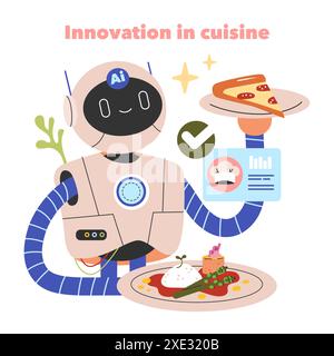 Concept d'innovation culinaire. Un robot convivial présentant des plats modernes avec analyse de données. Technologies futures et IA dans l'industrie alimentaire. Illustration vectorielle. Illustration de Vecteur