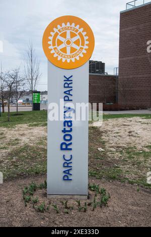 Panneau Rotary Park sur la rue main au centre-ville de Moncton, Nouveau-Brunswick, Canada Banque D'Images