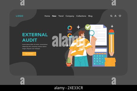 Concept d'audit externe. Homme concentré examinant un rapport détaillé, équipé d'une calculatrice et d'un crayon géant. Évaluer les documents financiers et la transparence. Illustration vectorielle plate. Illustration de Vecteur