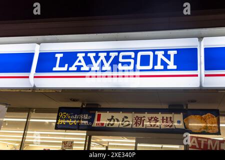 Yamanakako, préfecture de Yamanashi, Japon. 5 novembre 2023. Un gros plan sur un panneau Lawson. Une chaîne de franchise de magasins de proximité au Japon. Banque D'Images