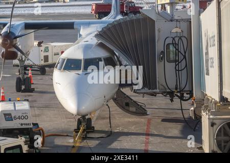 Calgary, Alberta, Canada, 3 novembre 2023. Une vue de face d'un avion WestJet à l'aéroport international de Calgary avec un hybride pneumatique Banque D'Images