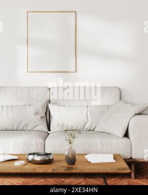 Maquette de cadre sur le mur blanc avec la lumière du soleil dans l'intérieur du salon avec canapé gris et table basse avec décor, rendu 3D. Banque D'Images